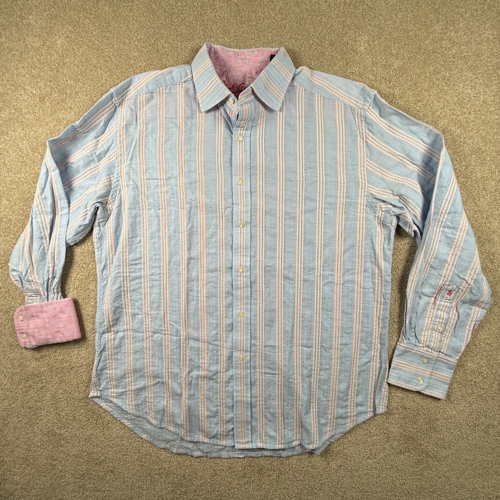 Robert Graham Mens XL Long Sleeve Button Down Shirt Blue Pink Striped Cotton